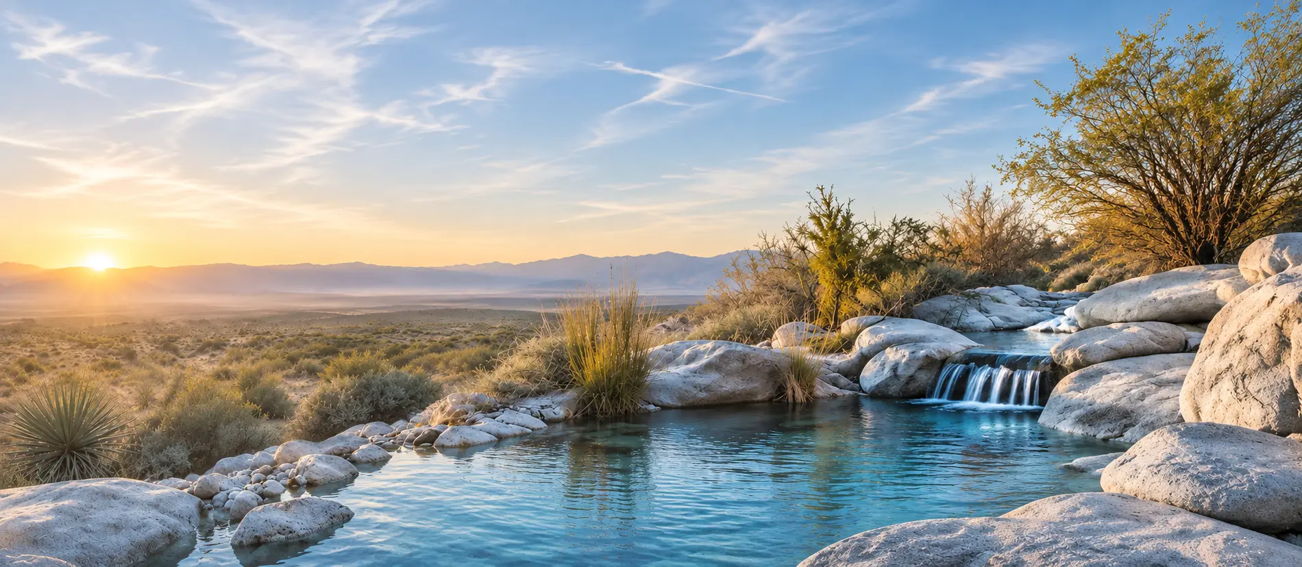 A desert spring and waterfall at sunrise