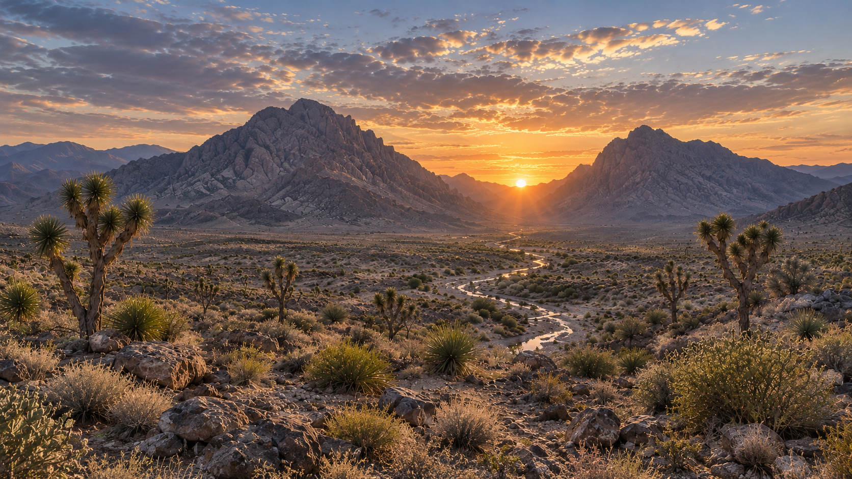 Desert mountains and Joshua trees at sunrise